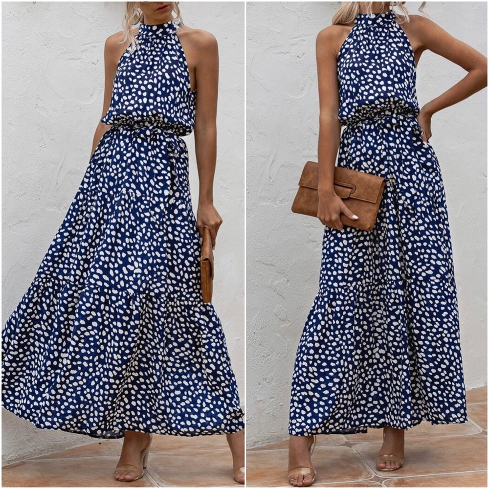 Boho Blue White Floral Print Halter Ruffle Maxi Dress - Picture 7 of 13